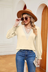 V-neck Lace Stitching Loose Long Sleeve T-shirt