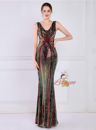 Mermaid Sequins V-neck Long Prom Dress