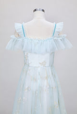 Embroidered Blue Backless Banquet Dress