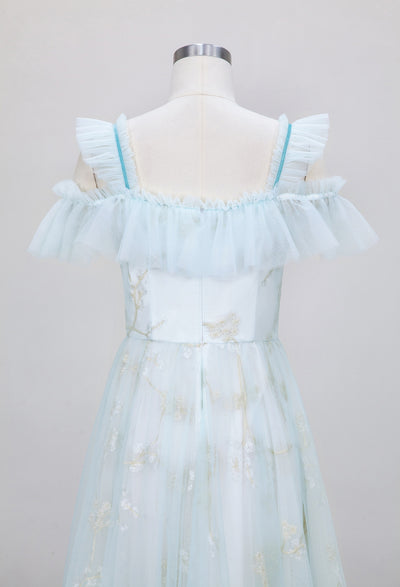 Embroidered Blue Backless Banquet Dress