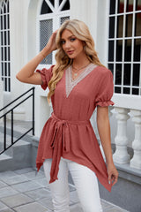 Solid Color V-neck Lace Stitching Short-sleeved Top