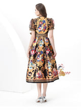 Palace V-neck Mesh Bubble Sleeve Printed Dress