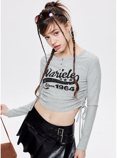 Drawstring Tie Round Neck Letter Long Sleeve T-shirt