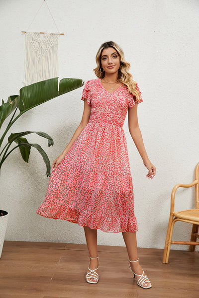 Summer V-neck Printed Chiffon Stitching Dress