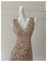 Gold Sequins V-neck Beading Prom Dress