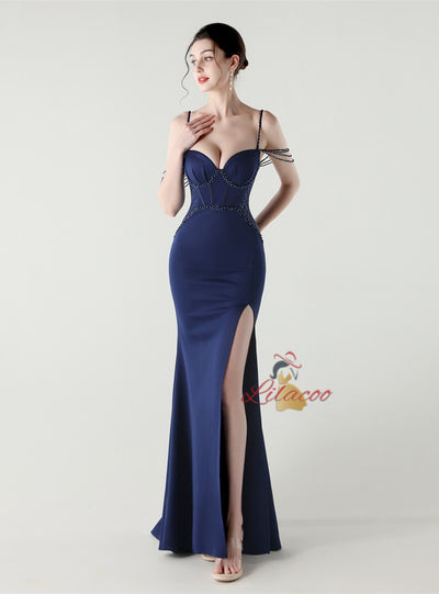 Mermaid Spaghetti Straps Beading Split Prom Dress