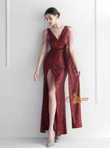 V-neck Sequins Beading Split Prom Dress