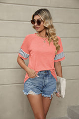 Striped Stitching Loose Round Neck Short Sleeve T-shirt