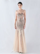 Sequins Tulle Spaghetti Straps Beading Prom Dress