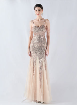 Sequins Tulle Spaghetti Straps Beading Prom Dress