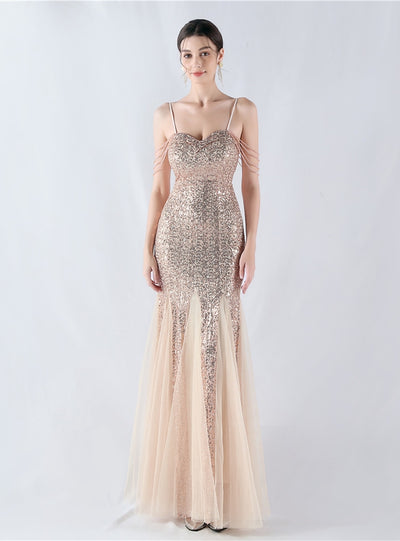 Sequins Tulle Spaghetti Straps Beading Prom Dress