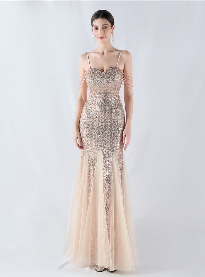 Sequins Tulle Spaghetti Straps Beading Prom Dress