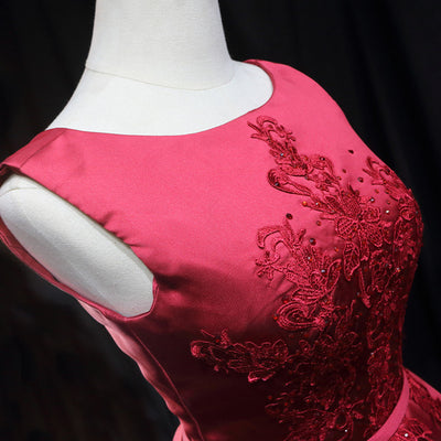 Burgundy Satin Appliques Homecoming Dress