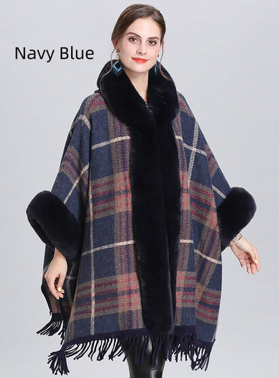 Large Size Fur Collar Plaid Fringed Cloak Shawl