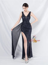 V-neck Sequins Split Prom Dress