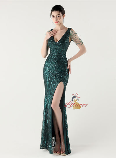 Mermaid Sequins V-neck Beading Prom Dress