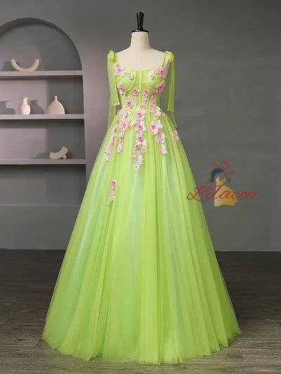 Green Tulle Straps Pink 3D Appliques Quinceanera Dress
