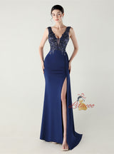 Mermaid V-neck Split Appliques Prom Dress