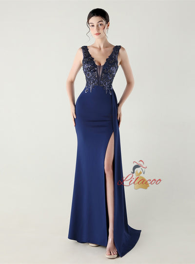 Mermaid V-neck Split Appliques Prom Dress