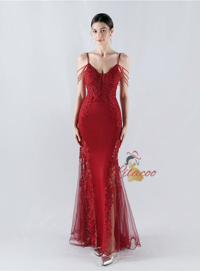 Mermaid Sequins Spaghetti Straps Appliques Prom Dress