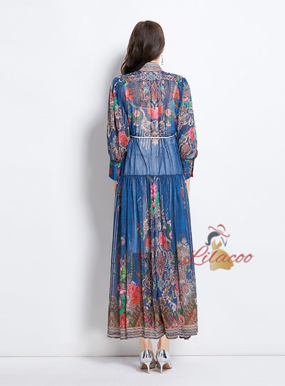 Retro Stand-up Button Printed Dress