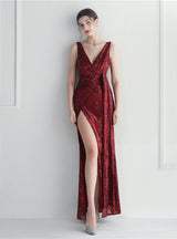 V-neck Sequins Pleats Split Prom Dress
