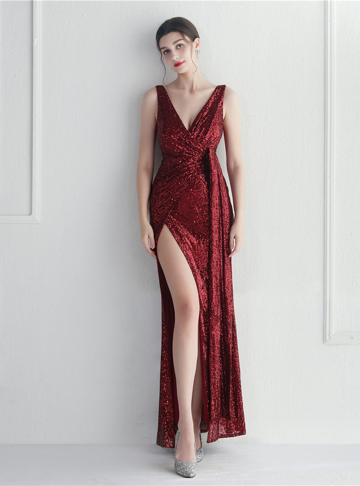 V-neck Sequins Pleats Split Prom Dress