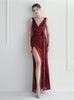 V-neck Sequins Pleats Split Prom Dress