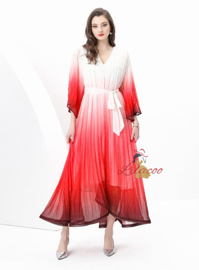 V-neck Flared Sleeve Gradient Dress