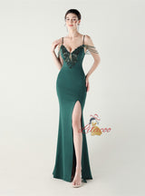 White Mermaid Spaghetti Straps Appliques Beading Prom Dress