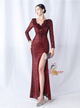 Long Sleeve V-neck Sequins Split Prom Dress