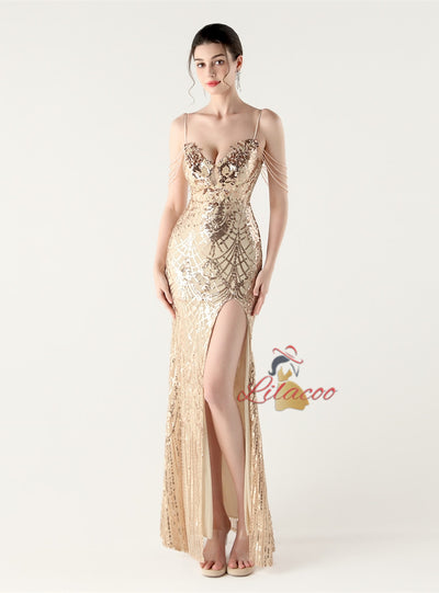 Mermaid Sequins Spaghetti Straps Beading Prom Dress