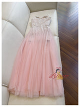 Pink Tulle Lace Straps Prom Dress