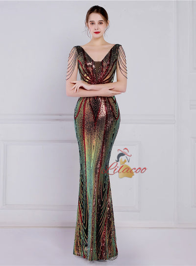 V-neck Mermaid Sequins Beading Prom Dress