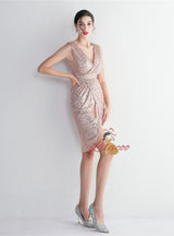 V-neck Split Sequins Beading Short Prom Dress