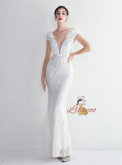 Mermaid Sequins Off the Shoulder Feather Prom Dress