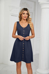 Solid Color Button Pocket Round Neck Dress