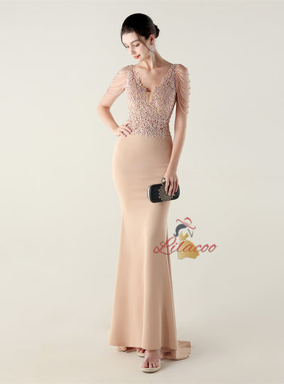 Mermaid V-neck Lace Beading Prom Dress