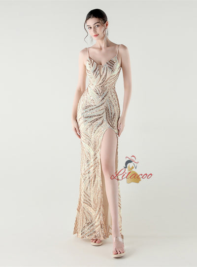 Mermaid Sequins Spaghetti Straps Split Prom Dress
