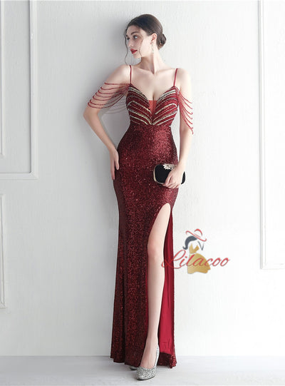 Spaghetti Straps Sequins Beading Prom Dress