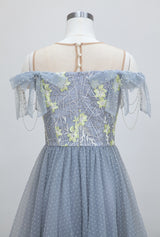 Gray Tulle Lace Pearls Prom Dress