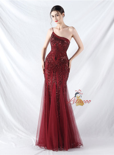 Mermaid Sequins One Shoulder Beading Prom Dress