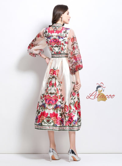 Retro Palace Printed V-neck Lantern Long Sleeve Dress