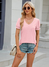 Solid Color V-neck Loose Short-sleeved T-shirt