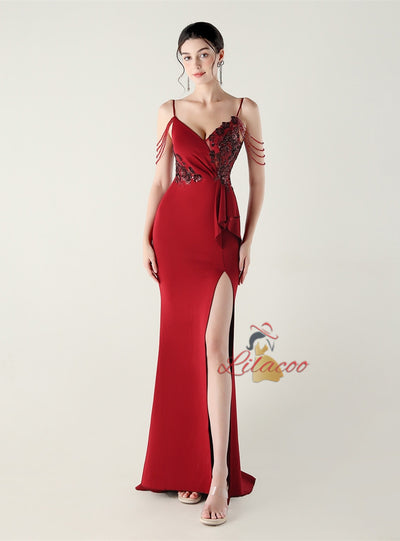 Mermaid Spaghetti Straps Beading Split Prom Dress