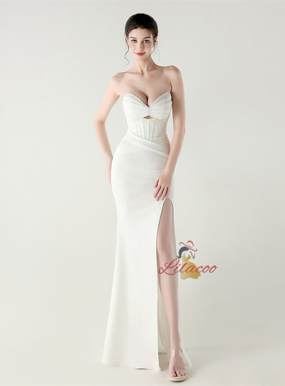 Mermaid Strapless Pleats Beading Prom Dress