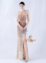 One Shoulder Sequins Feather Prom Dress