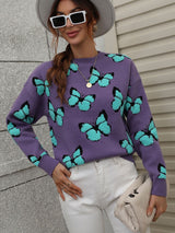 Printed Butterfly Round Neck Loose Sweater