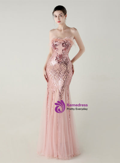Mermaid Sequins Tulle Strapless Prom Dress