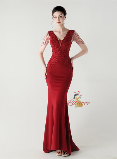 Mermaid V-neck Lace Beading Prom Dress